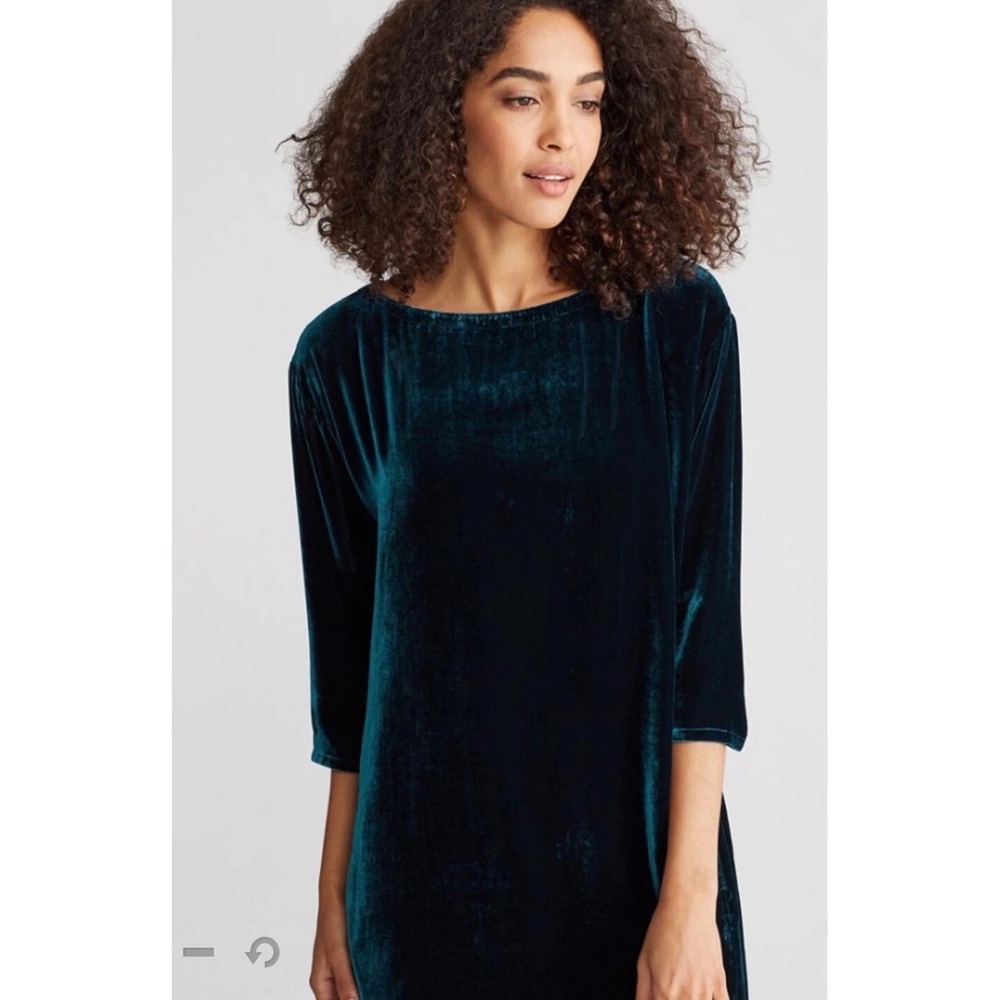 Eileen Fisher Woman Teal Silk Rayon Velvet Shift Dress Tunic Top Pockets Size 1X